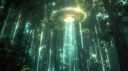 Obraz premium Abstract image of a UFO hovering over a mysterious forest with beams of light illuminating the surroundings.