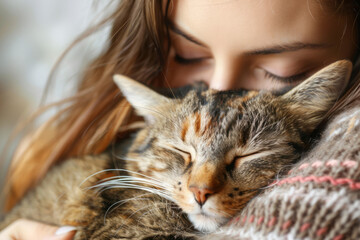 Young woman hugging her fluffy cat, tender moment of animal affection. Loving animal and pet care concept