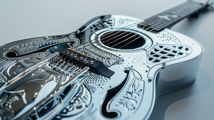 Intricate Chrome Body Resonator Guitar Showcased in Modern Indoor Setting During Afternoon Light