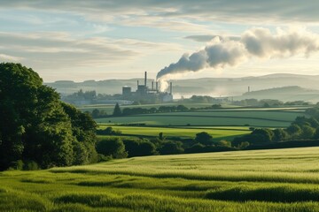 Smokestacks Against Rural Green Field Scenery