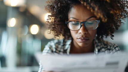 A woman with glasses and curly hair is intensely focused on reading a document in a modern and bright indoor setting. The scene is serene and undistracted.