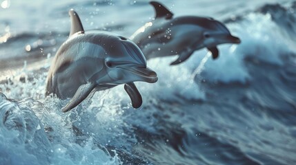 a couple of dolphins are swimming in the ocean