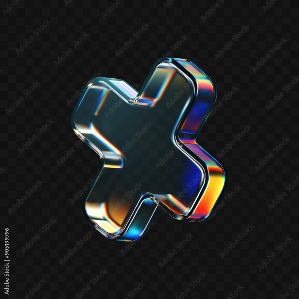 Wall mural 3d glass cross icon with refraction and holographic effect isolated on dark background. render trans