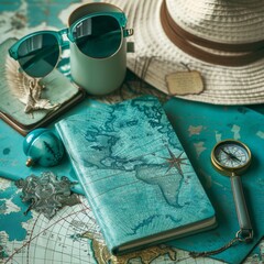 Vivid Getaway Prep: A Green Hat, Turquoise Sunglasses, Electric Blue Compass, and a Watercolor Notebook on a Patterned Map.