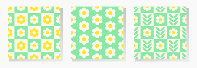 Yellow and white flowers and green leaves on checkered background. Vector seamless patterns collection in soft retro pastel colors.