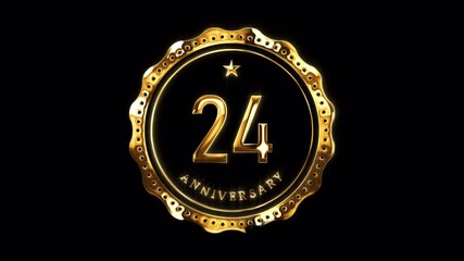 24th Anniversary Celebration. Happy 24 Years Anniversary Animation in Gold Color on the Transparent Background, Alpha Channel. Great for greetings, celebrations, events, and gifts.