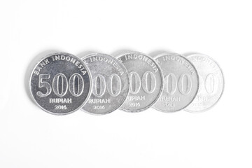 Silver coins isolated on white background. Indonesian rupiah coin isolated. 500 rupiah coin. metal money