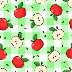 Apples vector seamless pattern. Green apples, cut slices and seeds on green checkered tablecloth background.