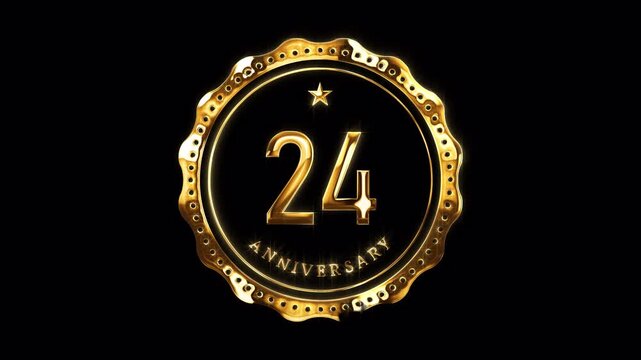 24th Anniversary Celebration. Happy 24 Years Anniversary Animation in Gold Color on the Transparent Background, Alpha Channel. Great for greetings, celebrations, events, and gifts.
