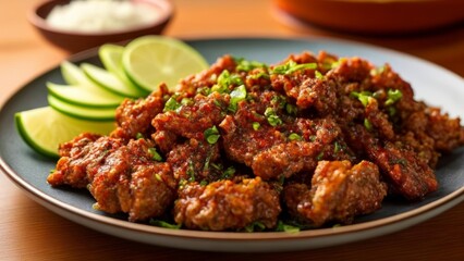 Fototapeta premium Delicious Asianinspired meat dish with lime and cilantro garnish