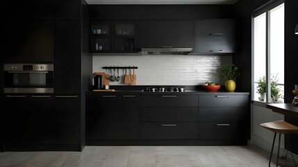 Black and dark wooden kitchen built-in furniture background kitchen design with chic color and material palette for kitchen decoration during the day