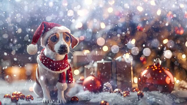 a festive wallpaper featuring cute dog dressed in Santa hats and scarves, christmas decoration tree. seamless looping time-lapse virtual 4k video animation background
