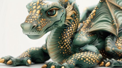 Fototapeta premium Green dragon figurine with gold accents, showcasing intricate details and mythical allure.