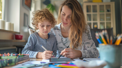Mother homeschooling her son. Kid using a digital tablet.