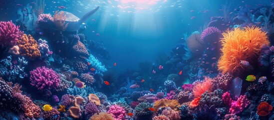 Fototapeta premium Vibrant Underwater Coral Reef with a Sea Turtle