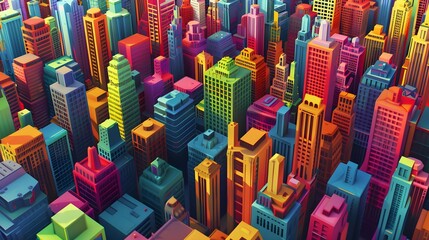 Obraz premium A colorful image of a city skyline with many different colored buildings. The buildings are stacked on top of each other, creating a sense of depth and height. The colors of the buildings are vibrant