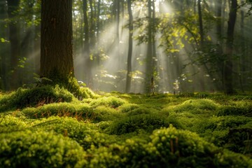 Obraz premium Sunbeams Shining Through a Mossy Forest Floor