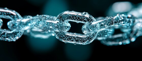 Close-up of a water droplets covered metallic chain link, illustrating strength and connection against a blurred dark background.