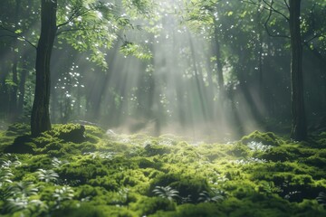 Fototapeta premium Sunbeams Illuminating a Mossy Forest Floor
