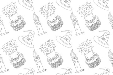 Black and white coloring page featuring Halloween-themed items like witch hats, candles, and cauldrons. Perfect for Halloween fun.