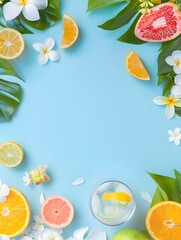 A light blue background with a cocktail glass, fruit and flowers on the right. Top view summer banner with plenty of copy space.
