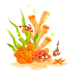 Clown fish, starfish and corals on a seabed. Isolated watercolor illustration of marine animals. Hand drawn composition from the UNDERWATER WORLD collection for printable designs in nautical style.