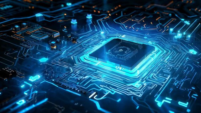 Glowing blue circuit board with microchip close-up animation