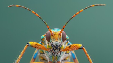 Fototapeta premium Colorful insect with long antennae and a large head on a solid background.