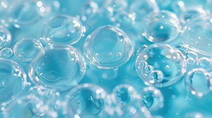 Skincare focus: transparent bubbles in hyaluronic acid gel, showcasing its clear, blue texture.