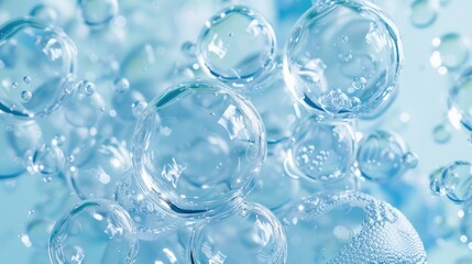 Skincare focus: transparent bubbles in hyaluronic acid gel, showcasing its clear, blue texture.