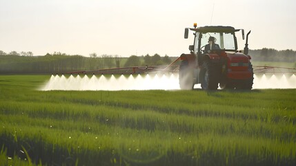 Naklejka premium A tractor is spraying a field with a red sprayer. The field is full of green grass and the sun is shining brightly