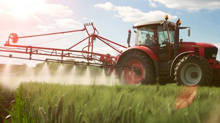 Fototapeta premium A tractor is spraying a field with a red sprayer. The field is full of green grass and the sun is shining brightly