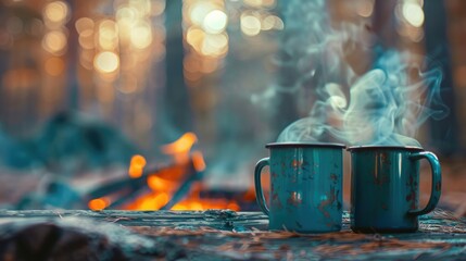Steaming enameled camping glasses, with a blurred background of campfires and forests, representing cozy outdoor scenes.