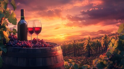 A bottle of red wine and a glass of wine are on a table in front of a vineyard