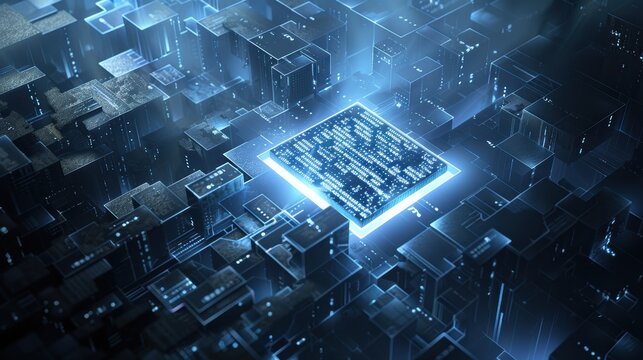 Futuristic cityscape visualization with a cpu processing data, symbolizing the power of artificial intelligence and big data
