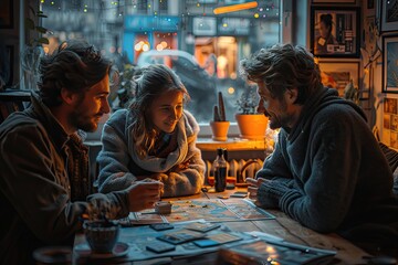 Friends playing a board game cozy living room, leisure and fun