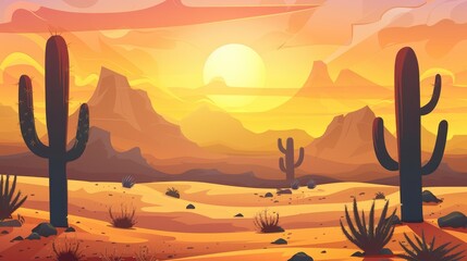Vector nature background of a cartoon desert with cacti, hills, sun, and mountain silhouettes, ideal for creating tranquil scenes.
