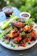 A plate of barbecue chicken wings, crispy and glazed with honey, served with dipping sauces and celery sticks, set on an outdoor patio table.