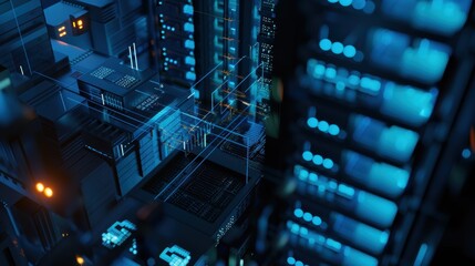 Data center servers with glowing lights transferring information with light trails