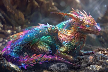 Obraz premium A Close-Up of a Shiny, Multicolored Dragon Resting