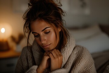 A young woman dressed in a thick, cozy sweater sits at home, looking contemplative and pensive as she rests her chin on her hands, enveloped in warm, intimate lighting.