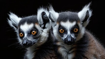 Fototapeta premium two small black and white animals with orange eyes