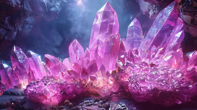 Glowing pink crystals in a mysterious underground cavern