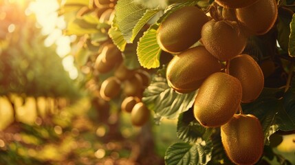 Kiwi picking season Kiwi on a kiwi tree plantation with with huge clusters of fruits