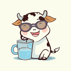 Cow smiling cartoon vector illustration with milk
