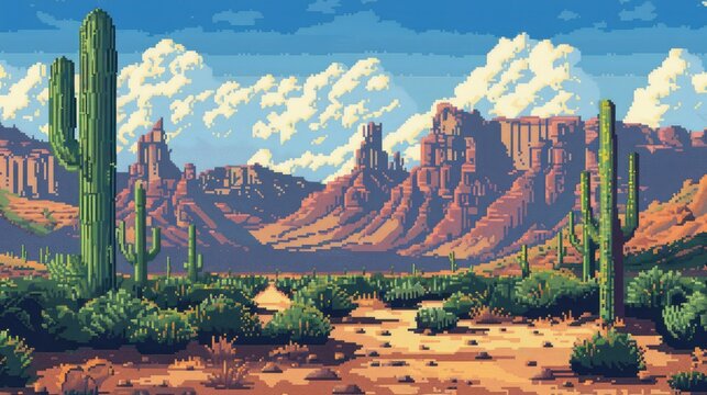 Western desert road in 8-bit pixel art, featuring cacti and mountains, ideal for retro game-inspired landscapes.