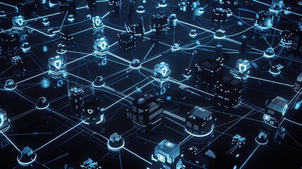 Blockchain network showing data blocks being secured with padlocks, illustrating the concept of online data security