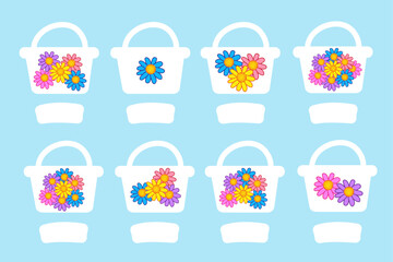 Math game for children. How many flowers are in the basket in the picture. Count the quantity. Puzzle, educational game for children.
