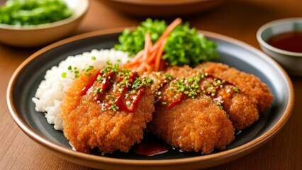 Fototapeta premium Delicious Asianinspired meal with fried chicken rice and vegetables