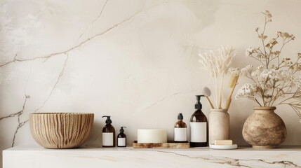 Stylish bathroom countertop with natural skincare products and minimalistic decor, promoting self-care and relaxation